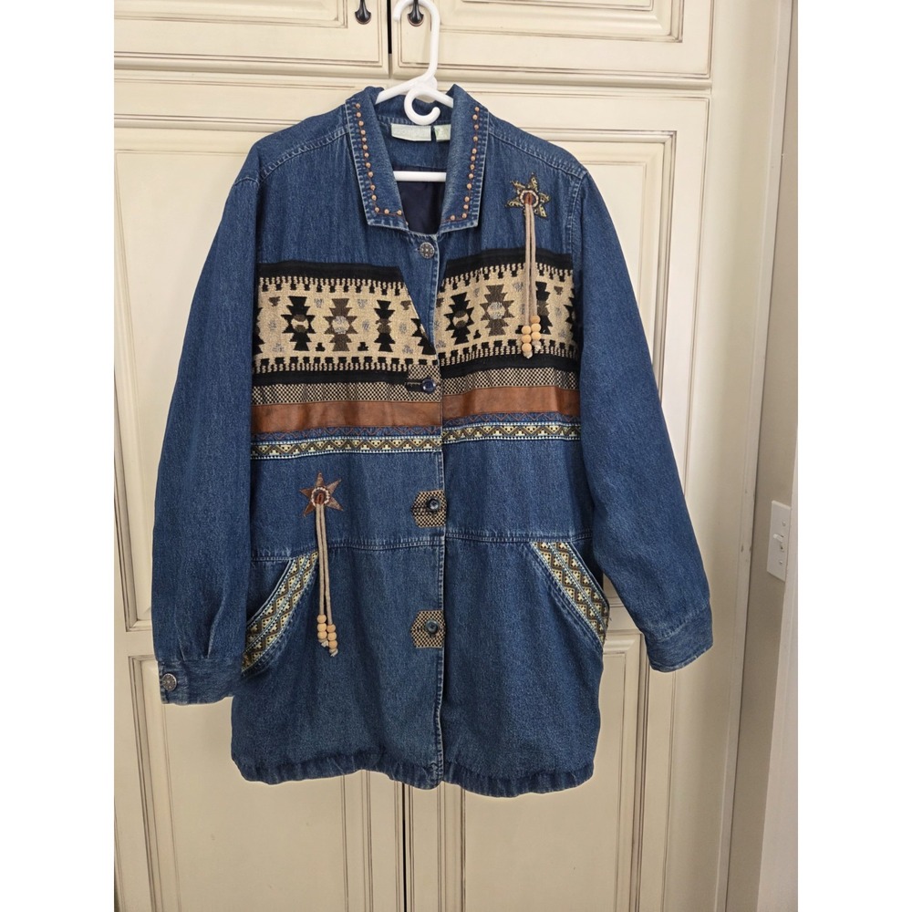 Vtg Hickory 220 Denim Southwest Jacket Women's 2xl Western Artsy Boho Embroidery
